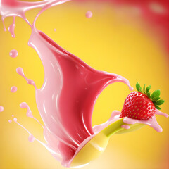 Banana and strawberry in splash of fruit milk. Generative AI - 603940673