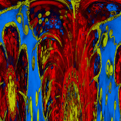 Abstract splash in red and gold. The dabbing technique near the edges gives a soft focus effect due to the altered surface roughness of the paper.