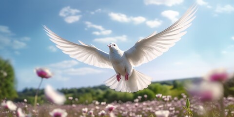Obraz premium White Dove Flying on Flowers Field Background, Bird of Peace Symbol, International Peace Day. Generative Ai