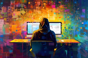 Abstract art. Colorful painting art of a hacker in front of the digital world. Background illustration