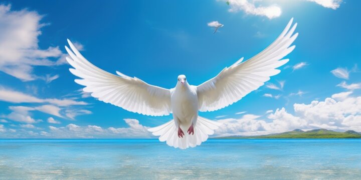 White Dove Flying on Tropical Beach Sea Background, Bird of Peace Symbol, International Peace Day. Generative Ai