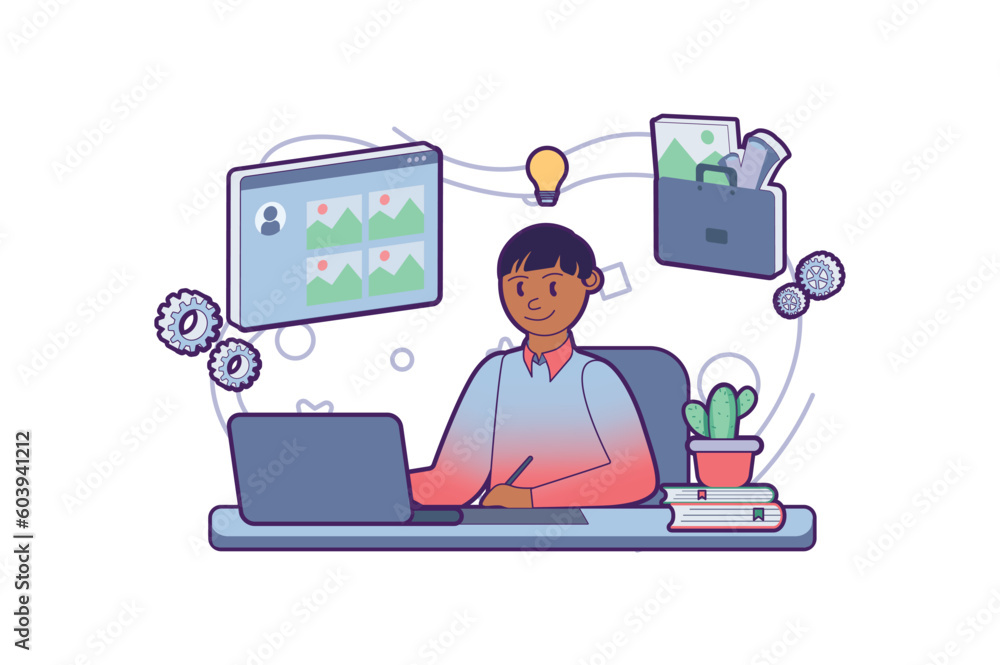 Poster concept web design with people scene in the flat cartoon design. the designer draws sketches to crea