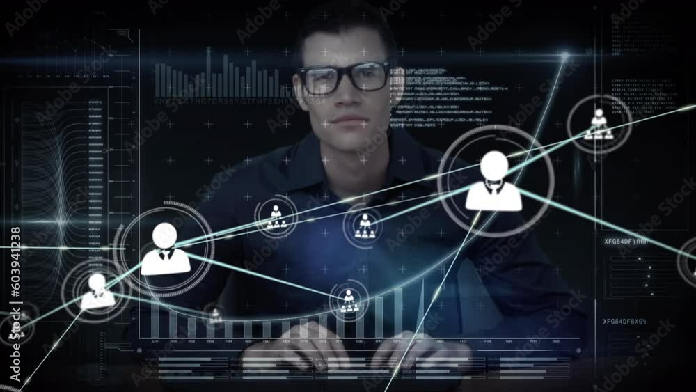 Poster animation of network of connections with icons over caucasian male hacker using computer