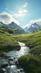 Naklejka na ściany i meble Peaceful Landscape with Mountain and River. Generative AI