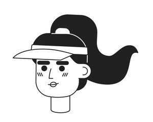 Girl tennis player wearing athletic sun visor hat monochrome flat linear character head. Editable outline hand drawn human face icon. 2D cartoon spot vector avatar illustration for animation