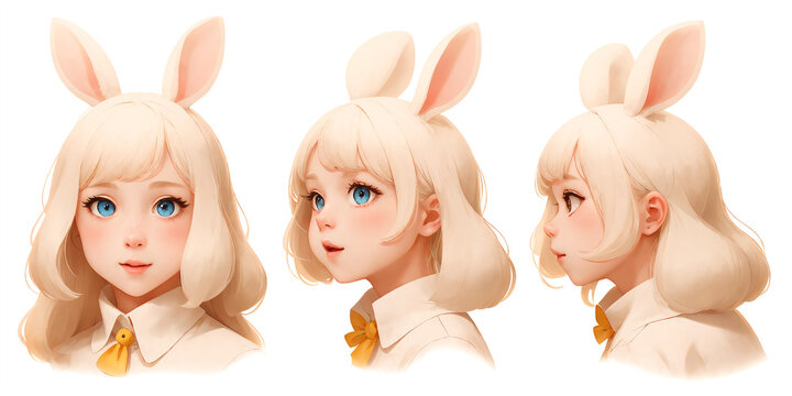 Character concept sheet in different viewing angles of a cute anime girl with bunny ears generative ai