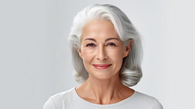 Beauty, People And Health Concept - Smiling Senior Woman With Grey Hair Over White Background, Generative AI