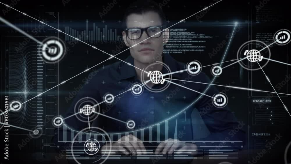 Poster animation of network of connections with icons over caucasian male hacker using computer