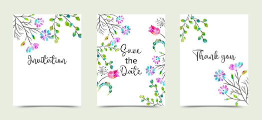 Bright Fresh Watercolor Florals Vector Card Template Set