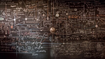 Blackboard inscribed with scientific formulas and calculations in physics and mathematics. Generative AI - obrazy, fototapety, plakaty