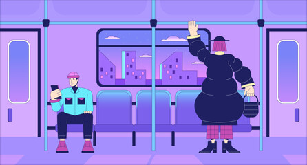 Commuter train lo fi chill wallpaper. Public transport. Rail travel. Train people traveling 2D vector cartoon characters illustration, vaporwave background. 80s retro album art, synthwave aesthetics