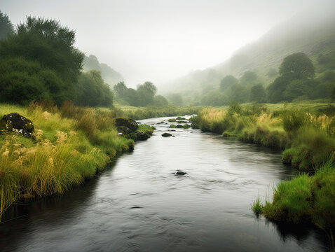 Spectacular view landscape mountain hill foggy day sunrise Killorglin Kerry Ireland red green forest bay reflection Generative AI