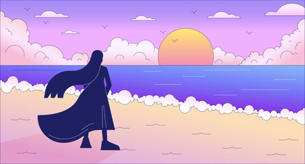Sad woman on beach enjoying sunset lo fi chill wallpaper. Lonely girl watching sea waves 2D vector cartoon character illustration, vaporwave background. 80s retro album art, synthwave aesthetics
