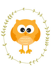 Cute owl inside an oval leaves border
