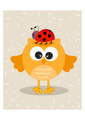 Cute illustration of adorable owl with ladybug on head