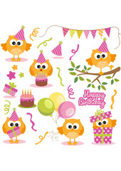 Set of digital elements with birthday party owl
