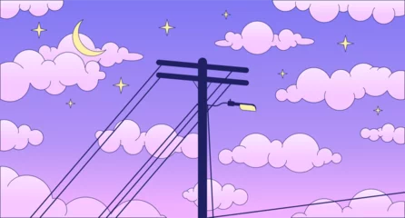 Meubelstickers Telephone pole on dreamy night sky lo fi chill wallpaper. Electrical cables on evening sky 2D vector cartoon landscape illustration, vaporwave background. 80s retro album art, synthwave aesthetics © The img