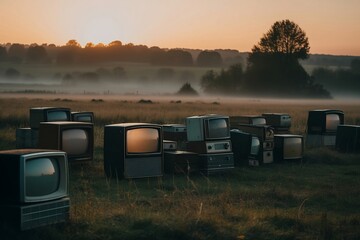 A bunch of old TVs in a field at Dawn. The concept of digital development. Generative AI