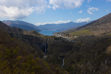 Fototapeta na wymiar Lake Chuzenji and Kegon Falls view in japan, Tochigi prefecture, near Nikko she