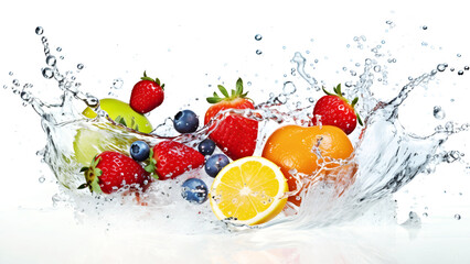 Mixed fruits and berries in water splash on white background