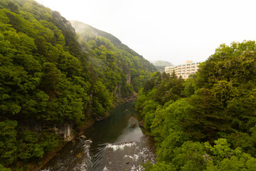 beautiful landscape of Kinugawa river and Kinugawa town in Japan, Tochigi
