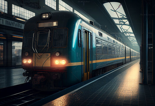 High speed train in a station. 3D rendering. Toned image. generative ai