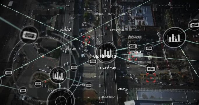 Composition of network of connections over cityscape
