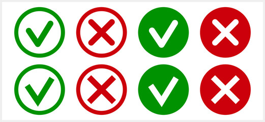 Green tick and red cross icon Check mark clipart set. X, yes, no symbol. Vector stock illustration EPS 10