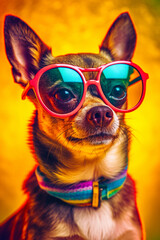A funny dog wearing sunglasses, fashion style, colorful blurred background