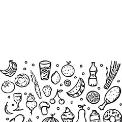 Drawn food background. Doodle food illustration with place for text