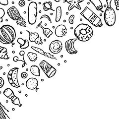Fototapeta premium Drawn food background. Doodle food illustration with place for text