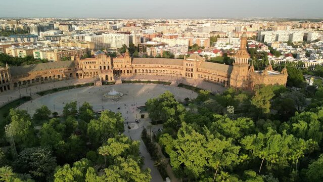 Panning drone clip overlooking the Plaza de Espana in Seville