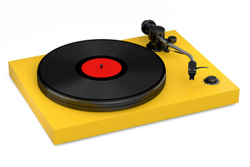 Vinyl record player or DJ turntable with retro vinyl disk on white background.