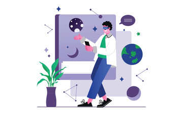 Metaverse concept with people scene in the flat cartoon design. The guy spends time in the metauniverse, which he entered with the help of a phone and VR glasses. Vector illustration.