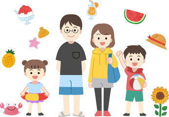 夏　水着を着た家族のイラスト