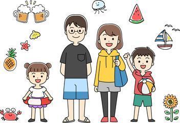 夏　水着を着た家族のイラスト