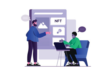Concept NFT with people scene in the flat cartoon style. The creative team analyzes the NFT market on the Internet. Vector illustration.