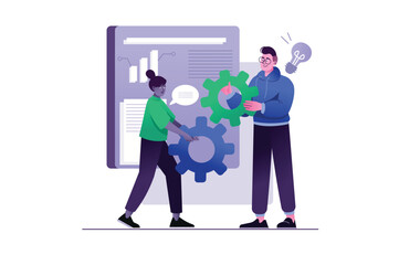 Concept Teamwork with people scene in the flat cartoon design. A team of workers unite their efforts in work to achieve a good result. Vector illustration.