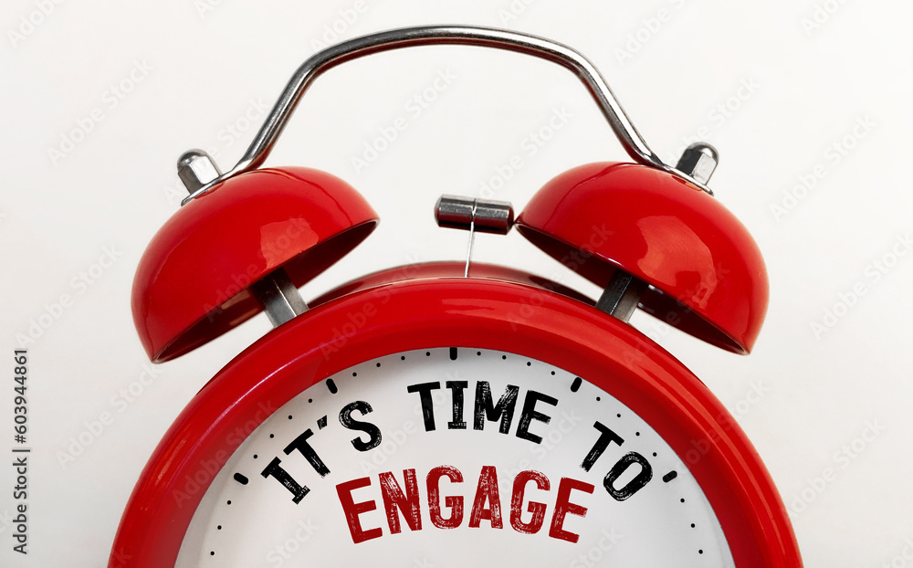 Poster red alarm clock with text time to engage