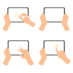 Obraz na płótnie Canvas Set of hand holding blank screen tablet, Hands holding and use device vector. 