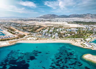Fototapeta na wymiar Aerial view of the popular Glyfada coast, south Athens suburb, Greece, with beaches, marinas and turquoise sea
