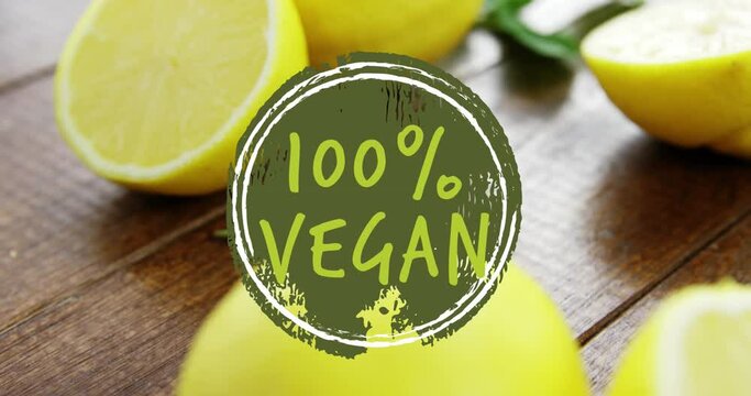 Animation of vegan text over fresh lemons