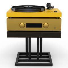 HiFi system with DJ turntable and amplifier on stand for home theater on white.