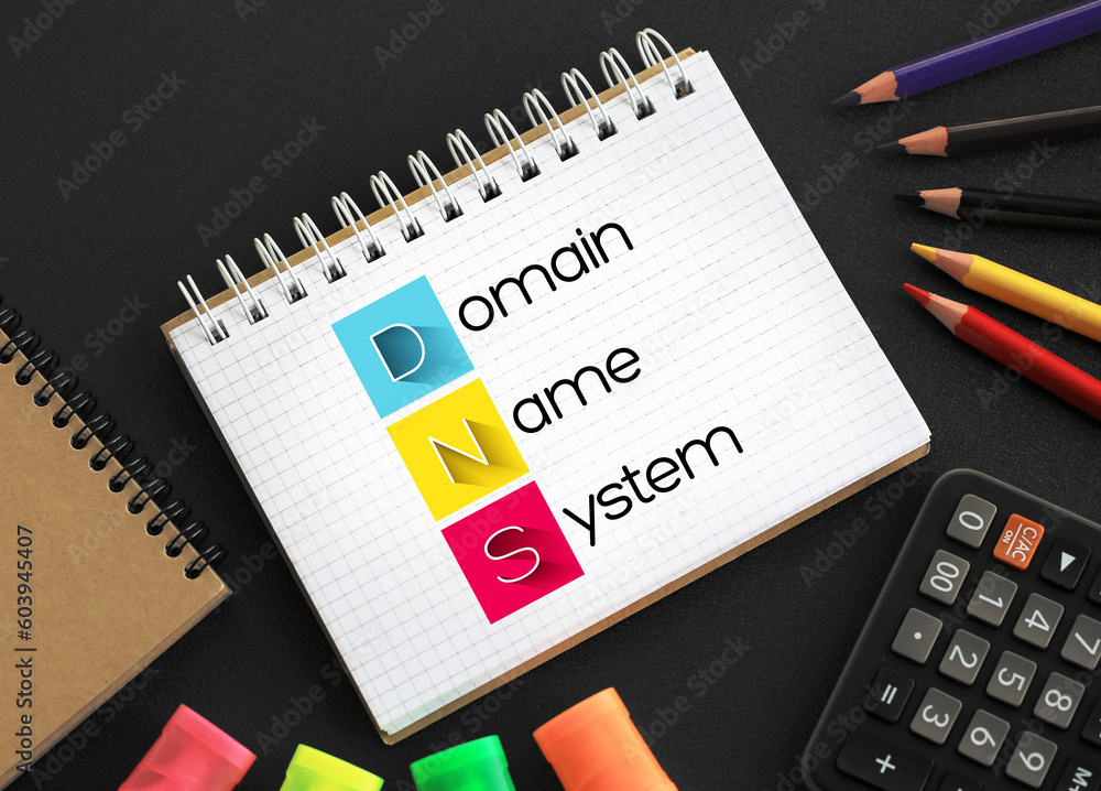 Poster dns - domain name system acronym on notepad, technology concept background