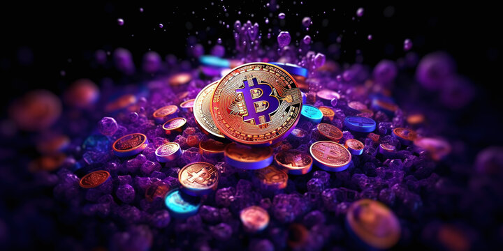 Cryptocurrency and new virtual money concept. Blockchain technology for cryptocurrency. 
Abstract background, Digital internet technology, Golden coin Bitcoin virtual money concept. 
