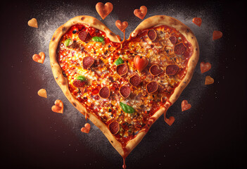 Heart shaped pizza with pepperoni, salami and mozzarella on dark background generative ai