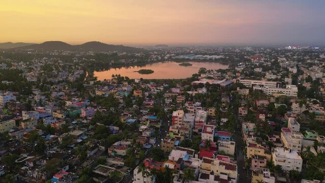 Beautiful aerial view of Chennai city during sunset, drone shots of cityscape at sunset