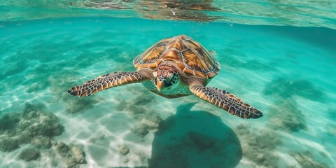 Obraz na płótnie Canvas AI Generated. AI Generative. Photo realistic illustration of diving turtle under sea. Graphic Art