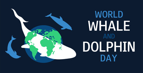 World whale and dolphin day. July 23. Save the ocean. Vector banner of whale and dolphins silhouette with world map. © YevgeniyaKoln