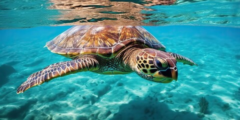 AI Generated. AI Generative. Photo realistic illustration of diving turtle under sea. Graphic Art